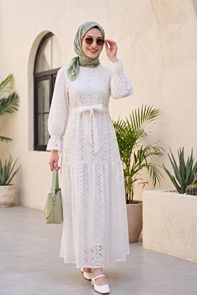 Modamorfo Crew Neck Scalloped Sleeve Elastic Lined Long Linen Look Dress -White