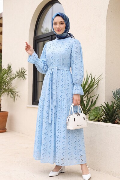 Modamorfo Crew Neck Scalloped Sleeve Elastic Lined Long Linen Look Dress -Blue