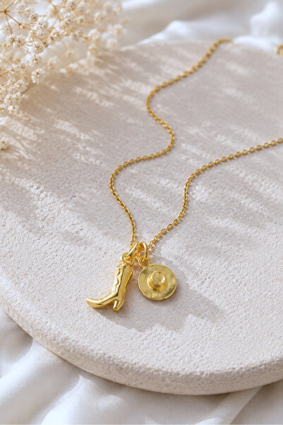 Spossy Silver Jewelry 925 Ayar Gümüş, Gold, Minimal Kovboy Çizme ve Şapka Kolye