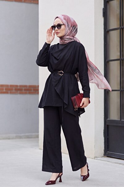 Modamorfo Asymmetrical Cut Trousers Lined Belted Cupra Set - Black