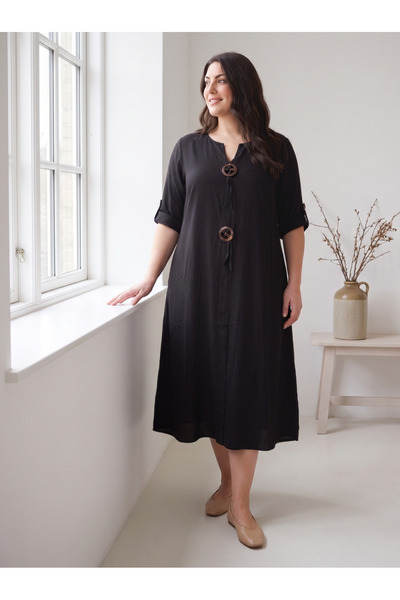 STORi Women's Black Viscose Plus Size Midi Dress with Coconut Ring Detail and...