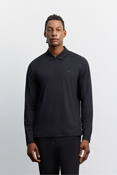 Avva Men's Black Polo Collar Zippered Metered Printed Technical T-Shirt A62Y1015