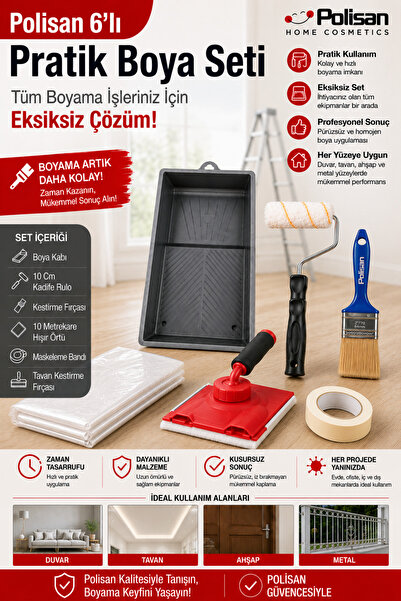 Polisan PRO TAVAN KESTİRME FIRÇASI VE 5'Lİ PRATİK BOYA UYGULAMA SETİ