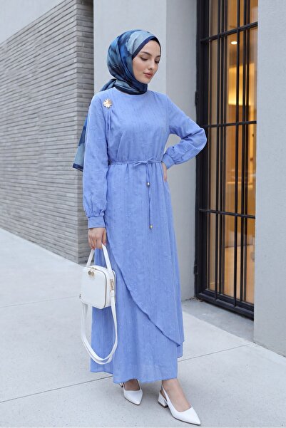 Modamorfo Double Layered Waist-Tied Brooch Lined Linen Look Dress - Blue