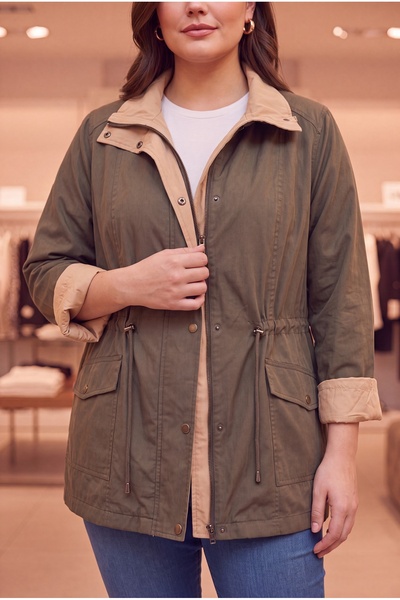 RMG Double-Sided Plus Size Cotton Fabric Trench Coat Khaki
