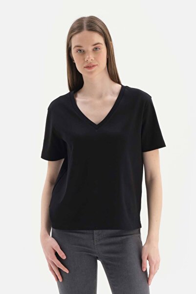 Dagi Tricou negru cu mânecă scurtă din bumbac interlock cu decolteu în V