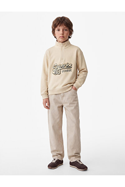 Koton Printed Zippered Long Sleeve Cotton High-Neck Sweatshirt