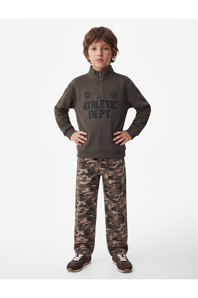 Koton Printed Long Sleeve Embroidered Cotton Half-Zip Stand Collar Sweatshirt