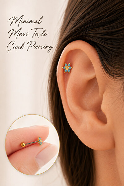 Sacce Scarves&Accessories Gold Mini Mavi Çiçek Piercing Helix Kıkırdak Lob