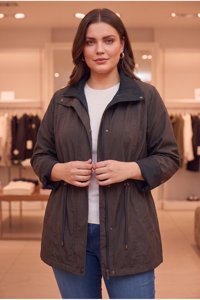 RMG Double-Sided Plus Size Cotton Fabric Trench Coat Black