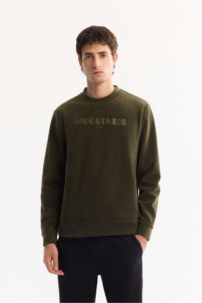Avva Erkek Haki Bisiklet Yaka Soft Touch Baskılı Polar Regular Fit Sweatshirt...