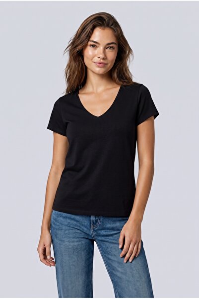 Brix Tricou de damă basic cu decolteu în V, negru