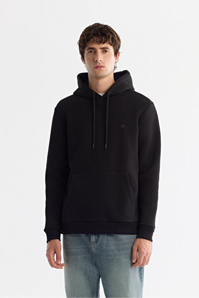 Avva Men's Black Hooded 3 Thread Ruched Regular Fit Sweatshirt B001103