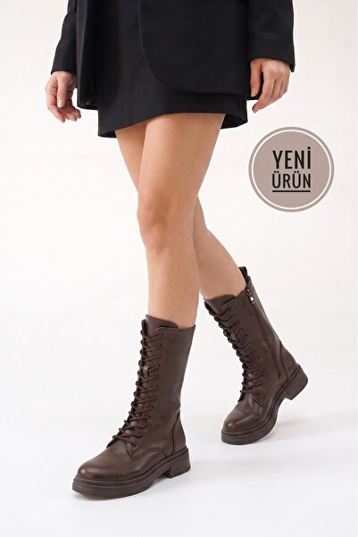 AYAKKABI MEET Women's Leather Casual Boots with Leather Laces and Zipper