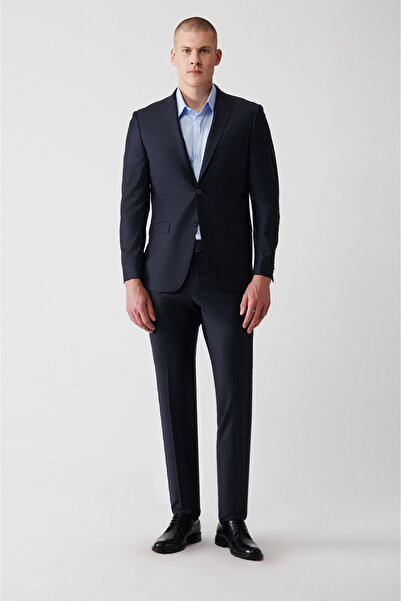 Avva Men's Navy Blue Swallow Collar Slit Wool Blend Comfort Slim Fit Suit B00...