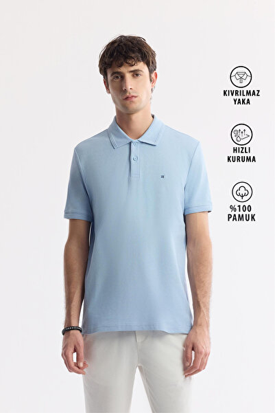 Avva Men's Light Blue Non-Curling Polo Neck 100% Cotton Basic Regular Fit T-S...
