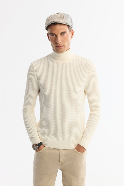 Avva Herren-Pullover aus Jacquard-Strickmischung in Ecru mit durchgehendem Ro...