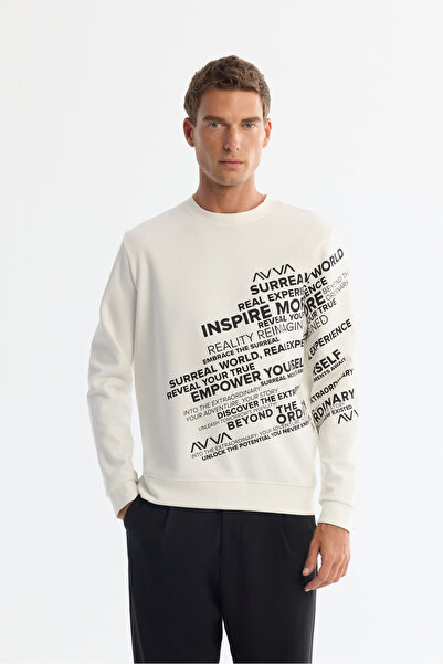 Avva Erkek Ekru Bisiklet Yaka Pamuklu Baskılı Regular Fit Sweatshirt A42Y1285