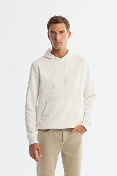 Avva Men's Ecru Hooded Printed Elastane Regular Fit Sweatshirt A42Y1332