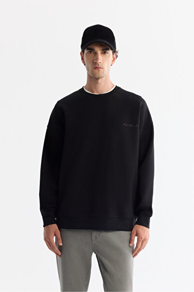 Avva Men's Black Crew Neck Elastane Oversize Fit Sweatshirt A42Y1248