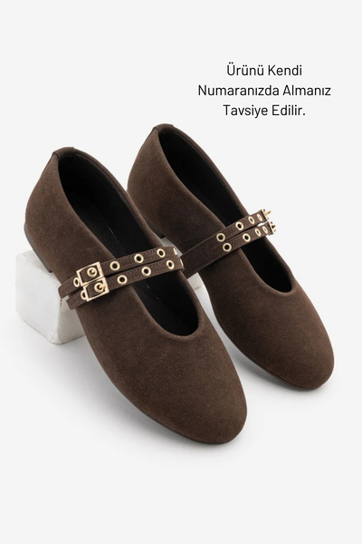 Marjin Women's Double Strap Studded Casual Ballerinas Bekosa Brown Suede