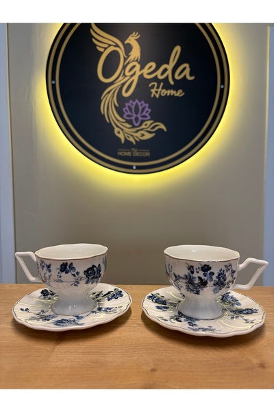 Ogeda Home Mien 2 Kişilik Kahve Fincanı Takımı-Mavi Çiçek Desenli Gold Detayl...