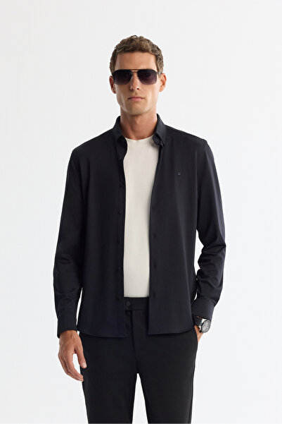 Avva Erkek Siyah Klasik Yaka Esnek Teknik Kumaş Slim Fit Gömlek A42Y2122