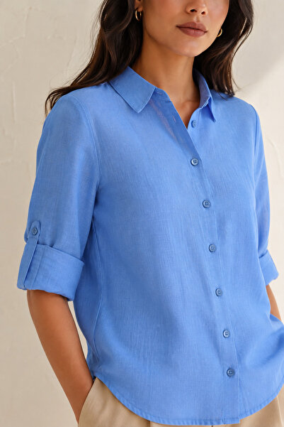 Nuevo Women's Indigo Blue Long Sleeve Folded Sleeve Linen Buttoned Basic Shir...