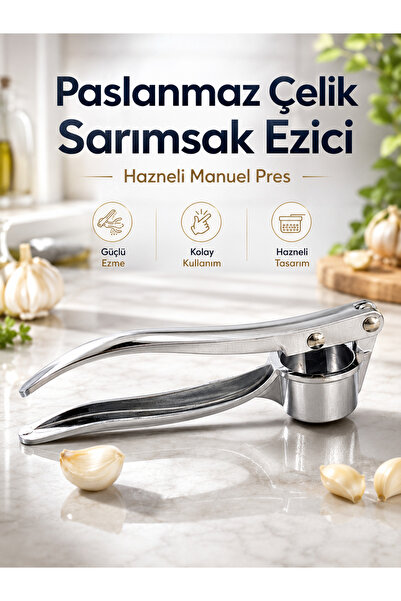 BabyLondy Paslanmaz Sarımsak Ezeceği Çelik Sarımsak Presi Hazneli Maunel Ezici