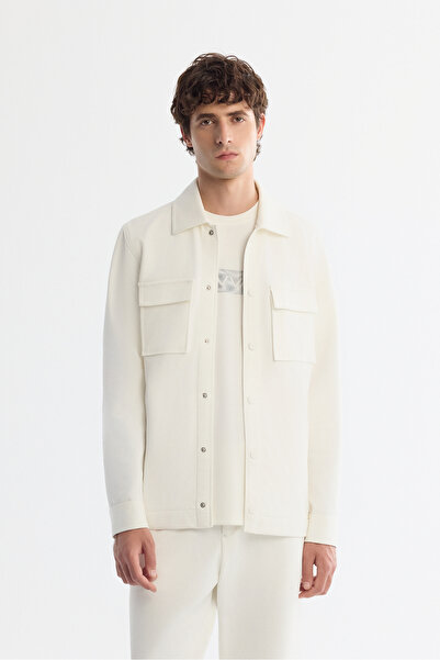 Avva Men's White Classic Collar Cotton Jersey Comfort Fit Shirt Jacket A42Y2092