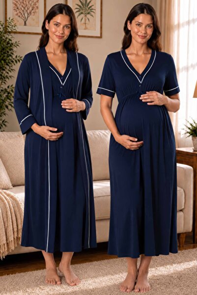 ByLohusa Cotton Long Robe Maternity Nightgown Set Effortt - Navy Blue