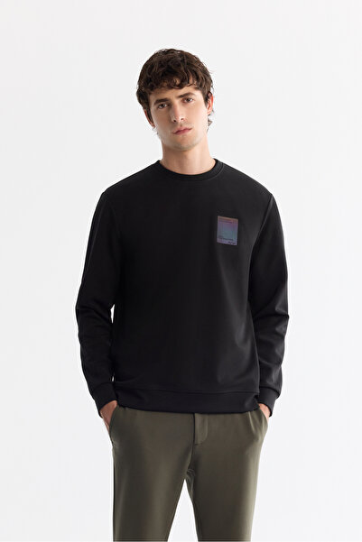 Avva Men's Black Crew Neck Cotton Printed Elastane Regular Fit Sweatshirt A42...