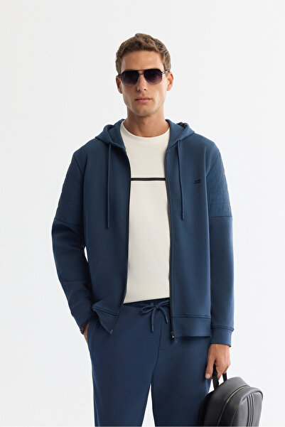 Avva Erkek İndigo Kapüşonlu Pamuklu Fermuarlı Elastan Regular Fit Sweatshirt ...
