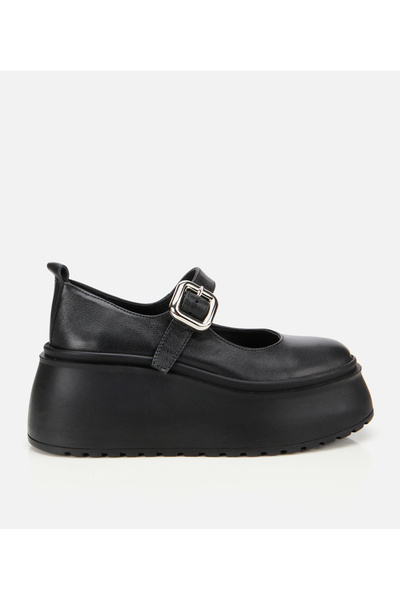 Hotiç Women's Leather Black Wedge Heeled Buckle Ballerinas