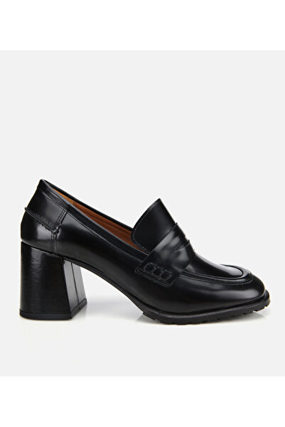 Hotiç Kadın Açma Deri Siyah Topuklu Klasik Loafer