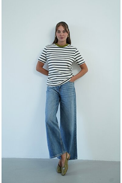 ZS Zey Studio Women's Striped Khaki Collar Detailed Basic T-Shirt