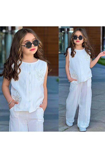 Bambam Girl's White Muslin Trouser Suit – Stylish Embroidery Detailed Summer ...