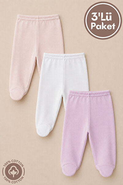 Miniel Unisex Baby Cotton 0-6 Months Baby Trousers with Booties Set of 3 Colors