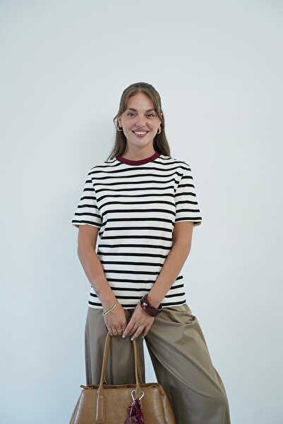 ZS Zey Studio Women's Striped Burgundy Collar Detailed Basic T-Shirt