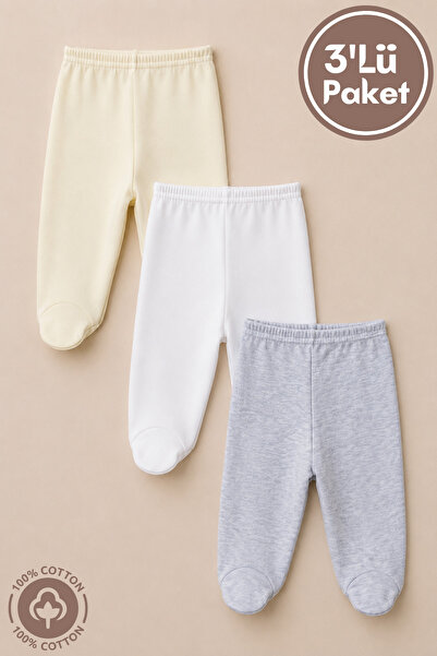 Miniel Unisex Baby Cotton 0-6 Months Baby Trousers with Booties Set of 3 Colors