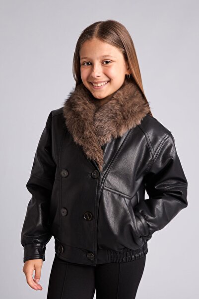 DeFacto Faux Fur Double Breasted V-Neck Leather Jacket Girls G9349A826Au
