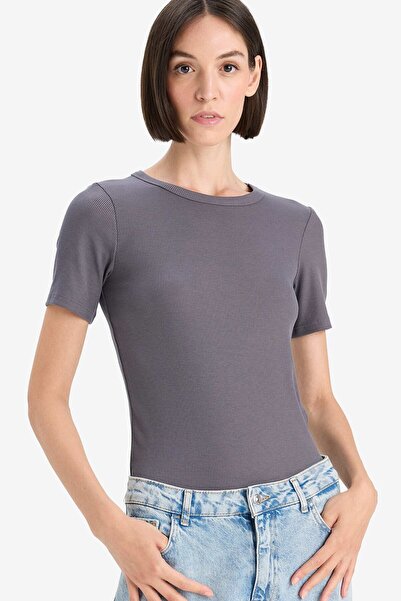DeFacto Slim Fit Crew Neck Basic Ribbed Short Sleeve T-Shirt C0097Ax25Au