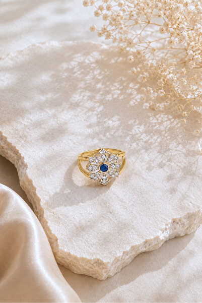 Spossy Silver Jewelry 925 Ayar Gümüş, 14 Ayar Gold, Lacivert Taşlı Çiçek Tasa...