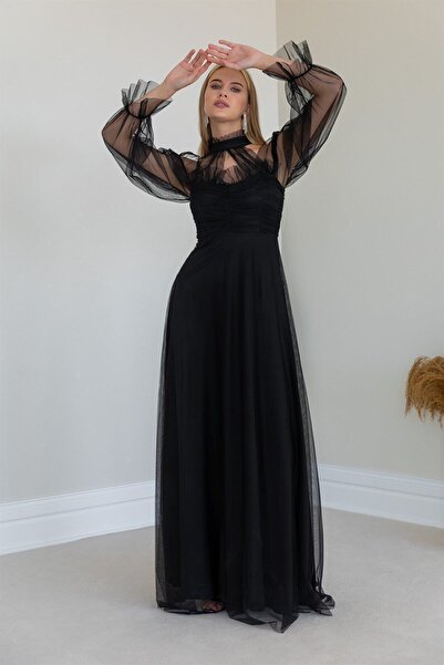 zks grup tekstil Women's Black Tulle Draped Plus Size Evening Dress