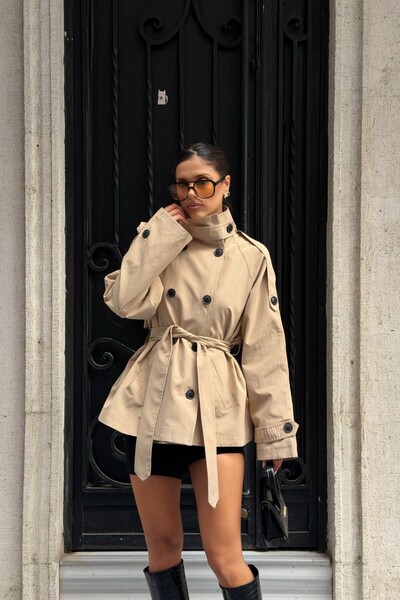 Moderk Lined Midi Length Trench Coat with High Collar Detail