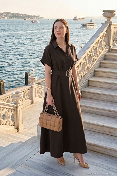Lela Gömlek Yaka Kemerli Maxi Boy Elbise ELBİSE 6922376