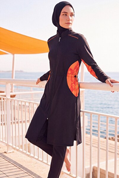 Nehar Set costum de baie cu hijab complet din 3 piese, cu model portocaliu su...