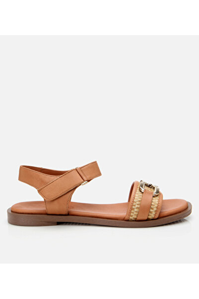 Hotiç Flache Damen-Sandalen aus hellbraunem Leder mit Strohdetails