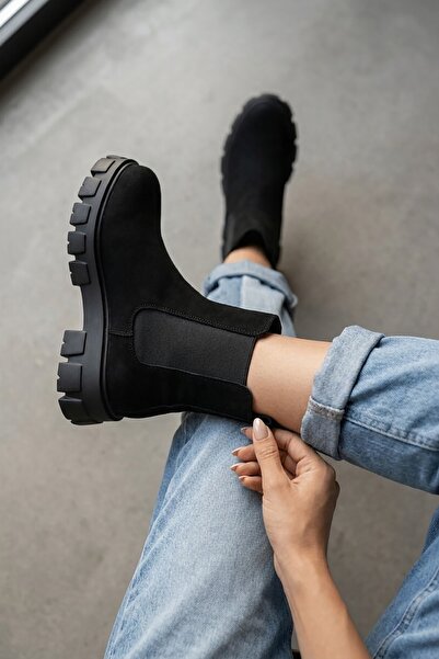 DİVOLYA Senni Black Suede Side Elastic Thick Sole Daily Boots