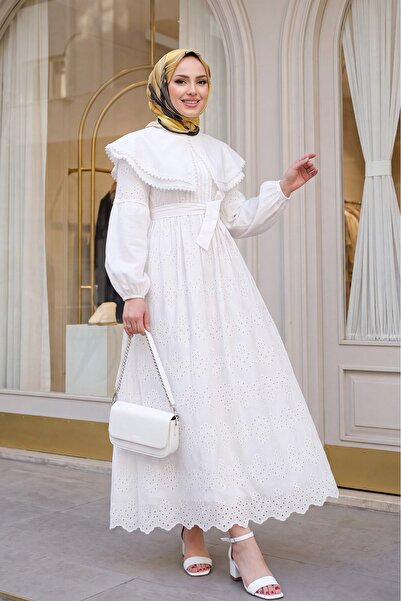 Modamorfo Cape Collar Lace Detail Dress -White